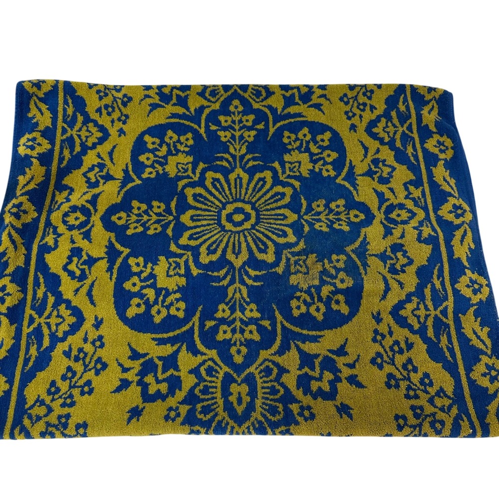 Vintage Fieldcrest Bath Towel Blue Green Damask Floral Medallion Cotton
